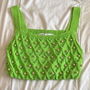 Zara Bright Green Knit Top with Pearl Accents